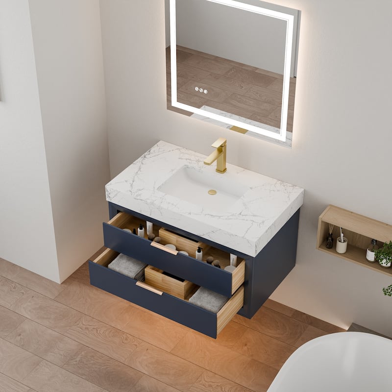 Modland 36" Wall-Mount Vanity with LED Light & 2 Soft-Close Drawers - Solid Oak, Black,White,Blue,Green - 36 inch