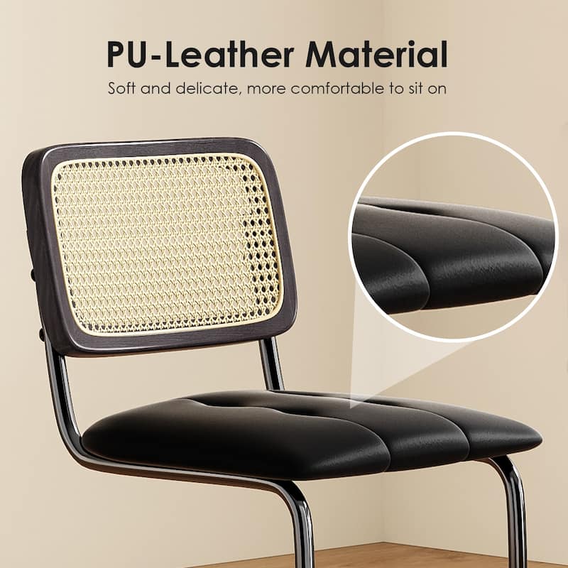 Counter Height Bar Stools Set of 2, Upholstered PU Leather Barstools with Rattan Back, 26 inch Stools Armless Bar Chairs