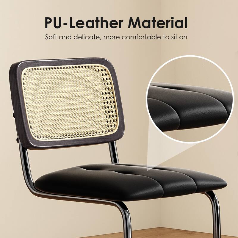 Set of 2 Black PU Leather & Rattan Back Bar Stools, 30" Counter Height Armless Bar Chairs for Kitchen Island