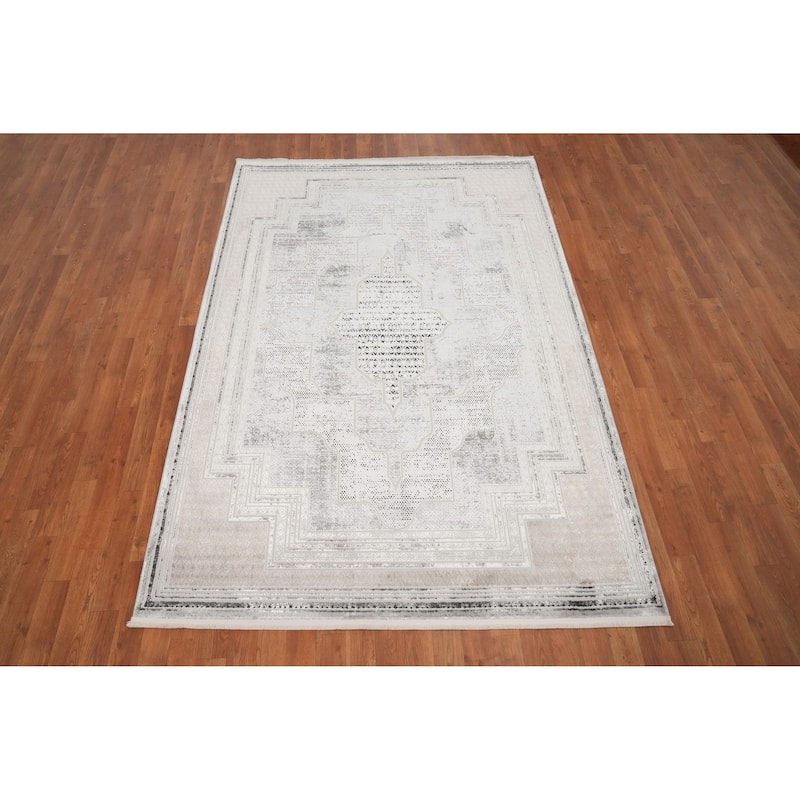 Machine Made Oriental Polyester Carpet Medallion Greys & Charcoal Distressed Area Rug - 7' 9'' X 5' 2''