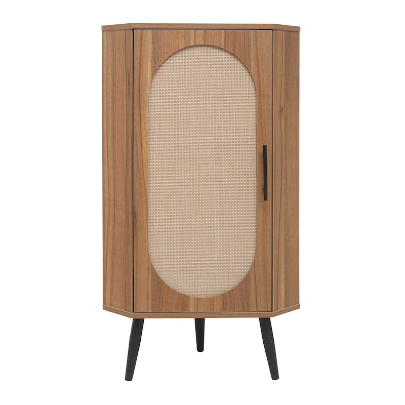 Roomfitters Corner Cabinet with Rattan Door, Freestanding Storage Shelf Stand for Small Spaces