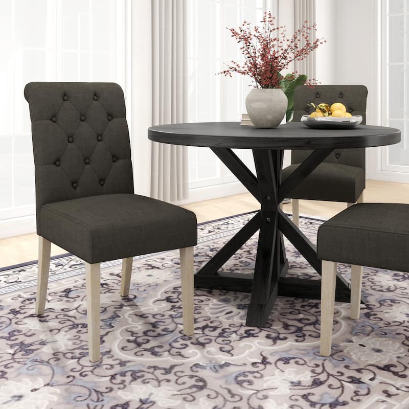 Charcoal Button Tufted Upholstered Chairs, Round Kitchen Table with Cross Pedestal, Practical Table and Chair Set - Black Charcoal