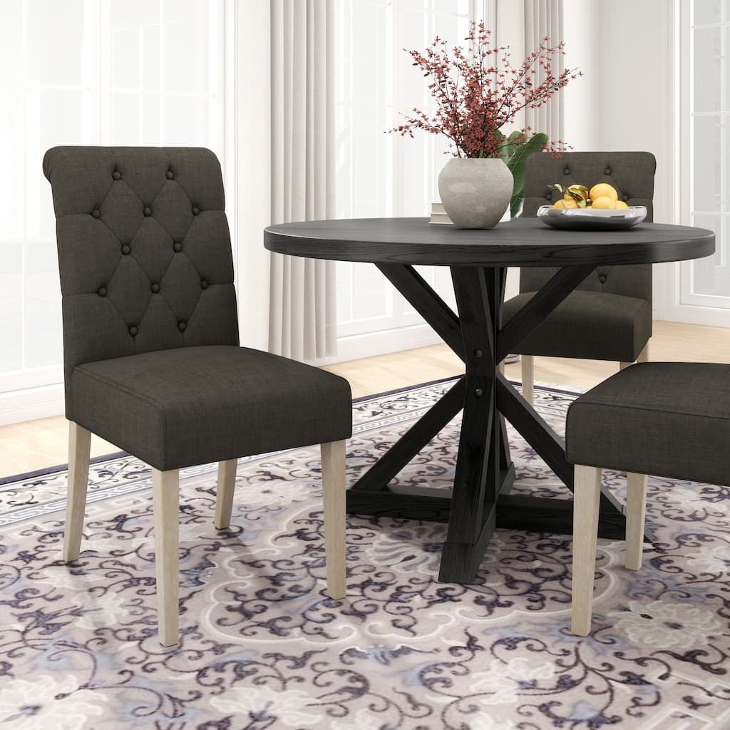 Charcoal Button Tufted Upholstered Chairs, Round Kitchen Table with Cross Pedestal, Practical Table and Chair Set