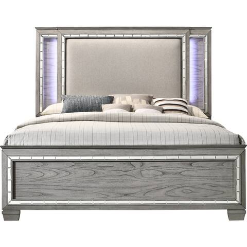 Upholstered Queen Bed with LED Touch Light in Light Gray Oak