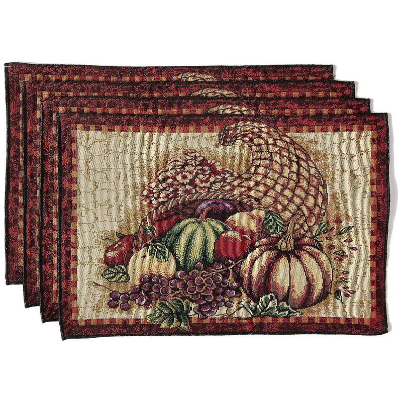 Violet Linen Fall Harvest Thanksgiving Autumn Leaves Sunflowers, 13" X 19" Rectangler, Set of 4, Decorative Place Mats - 13" X 19" - Cornucopia