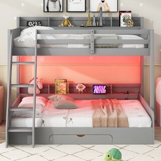 Wood Bunk Bed w/Storage Shelves and LED, Twin over Full Bed Frame with Charging Station, Drawer and Safety Guardrail for Kids