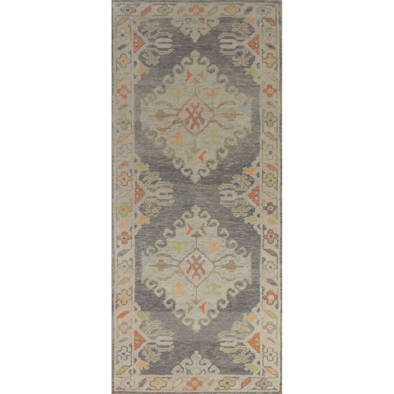 Hand Knotted Oriental 100% Wool Carpet Transitional Geometric Greys & Charcoal Oushak Runner Rug - 8' 4'' X 3' 1''