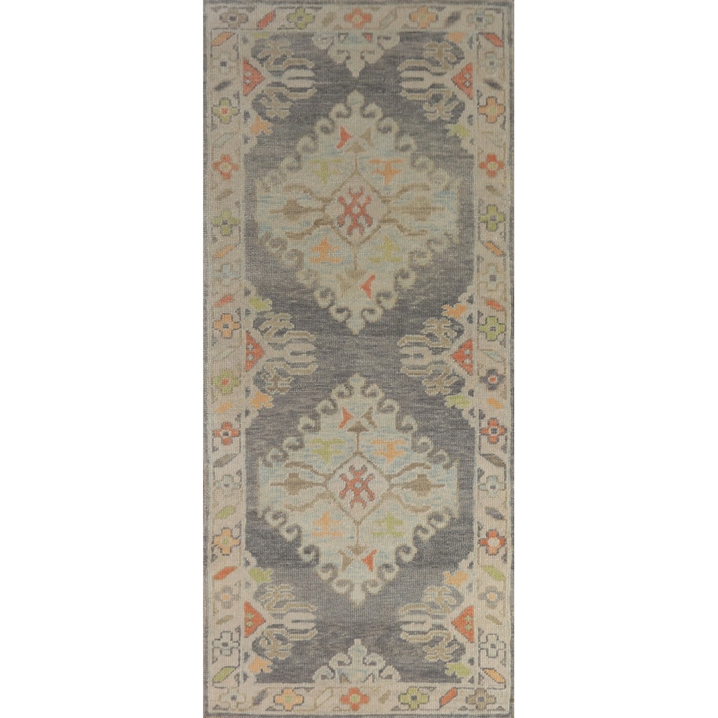 Hand Knotted Oriental 100% Wool Carpet Transitional Geometric Greys & Charcoal Oushak Runner Rug - 8' 4'' X 3' 1''