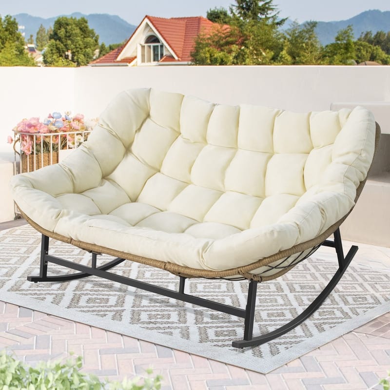 FINCATI Outdoor Double Rocking Chair, Double Wide Rocking Chair, 700 lbs Indoor Rocking Chair for Two, Double Papasan Chair - 1 PC-Beige