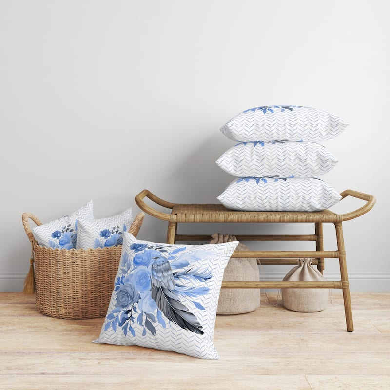 Feathered Bouquet Faux Suede Reversible Throw Pillow White and Blue