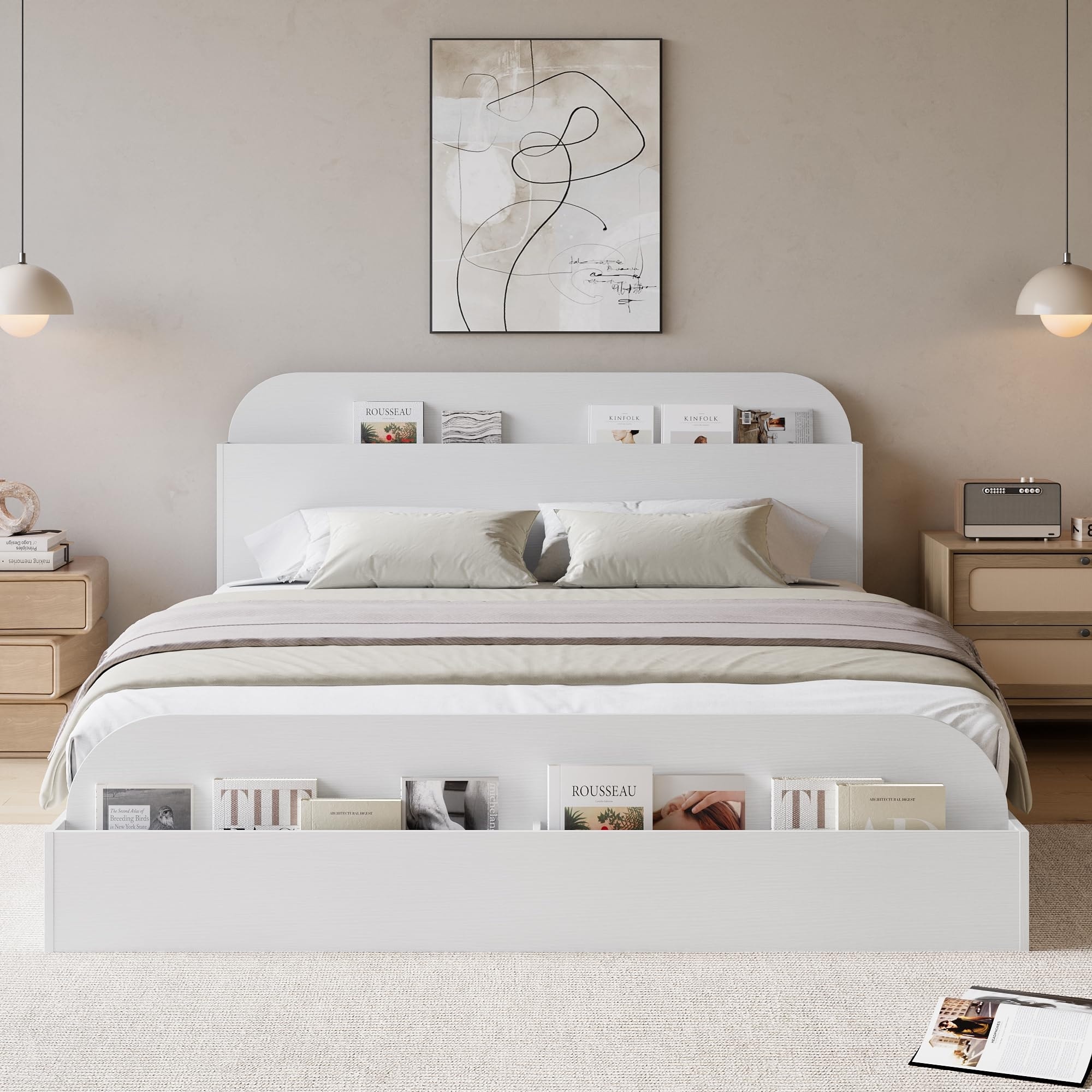 Wooden Platform Bed Frame with Storage Headboard & Raised Footboard, Low Profile, Sturdy Slat, No Box Spring Needed