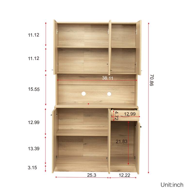 Roomfitters 70.87" Tall Kitchen Pantry Cabinet, Freestanding Buffet with 6 Doors, Drawer & Open Shelf