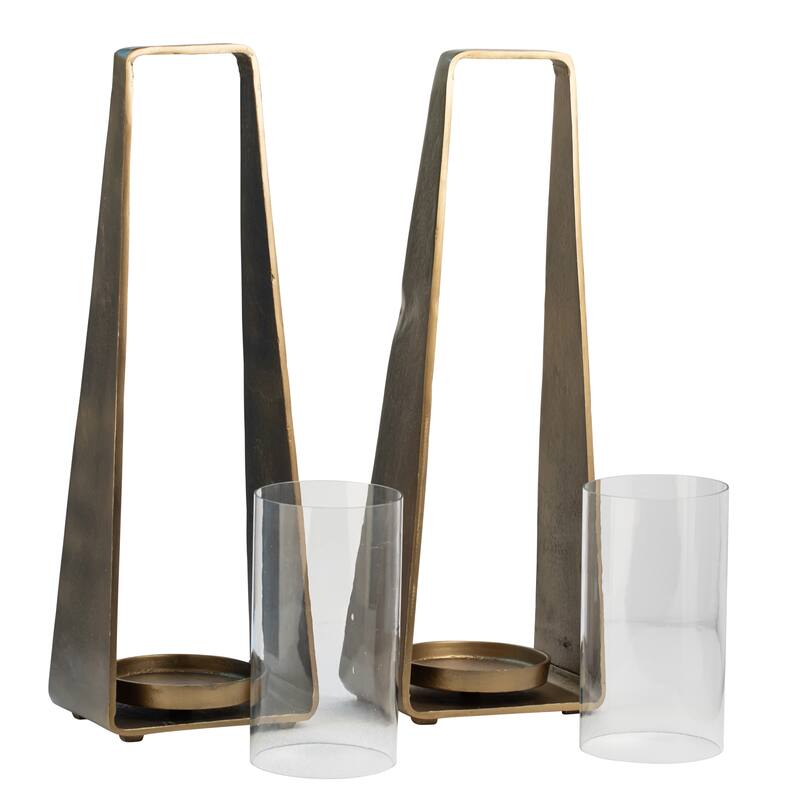 Pyra Large Antique Brass Finished Cast Aluminum and Glass Modern Lanterns, Set of 2