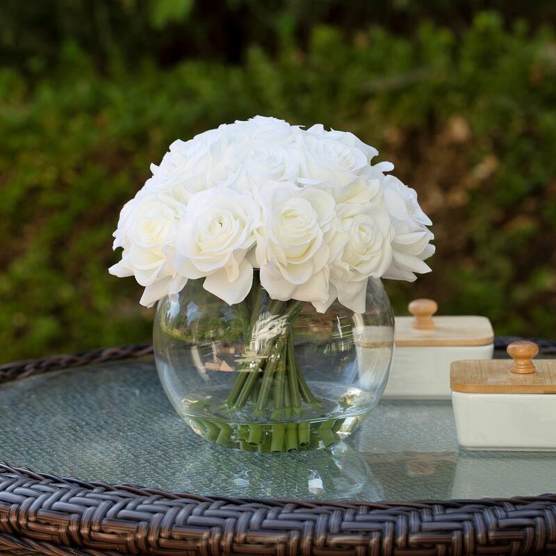 Enova Home 16 Heads Artificial Silk Rose Flowers in Round Glass Vase With Faux Water For Home Wedding Decoration