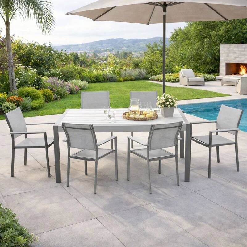 Fifi 7 Piece Dining Table Set, White Metal Frames, Smooth Textilene Fabric