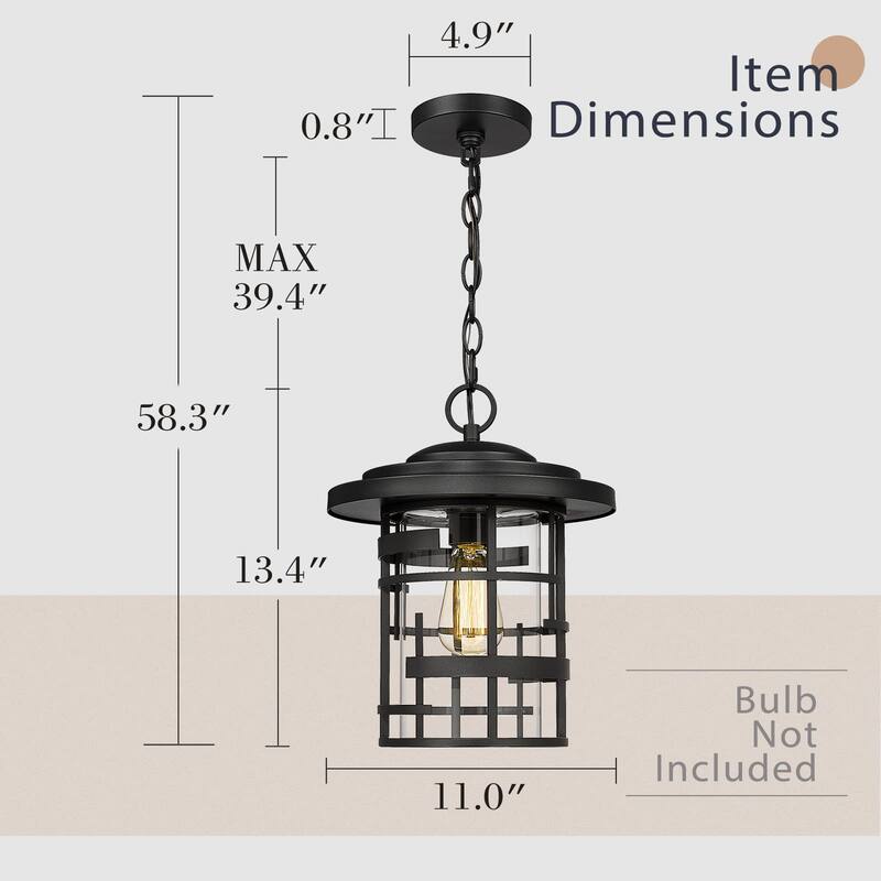 Outdoor Pendant Lighting, Exterior Ceiling Hanging Light, Black - 11" x 11" x 13.4"