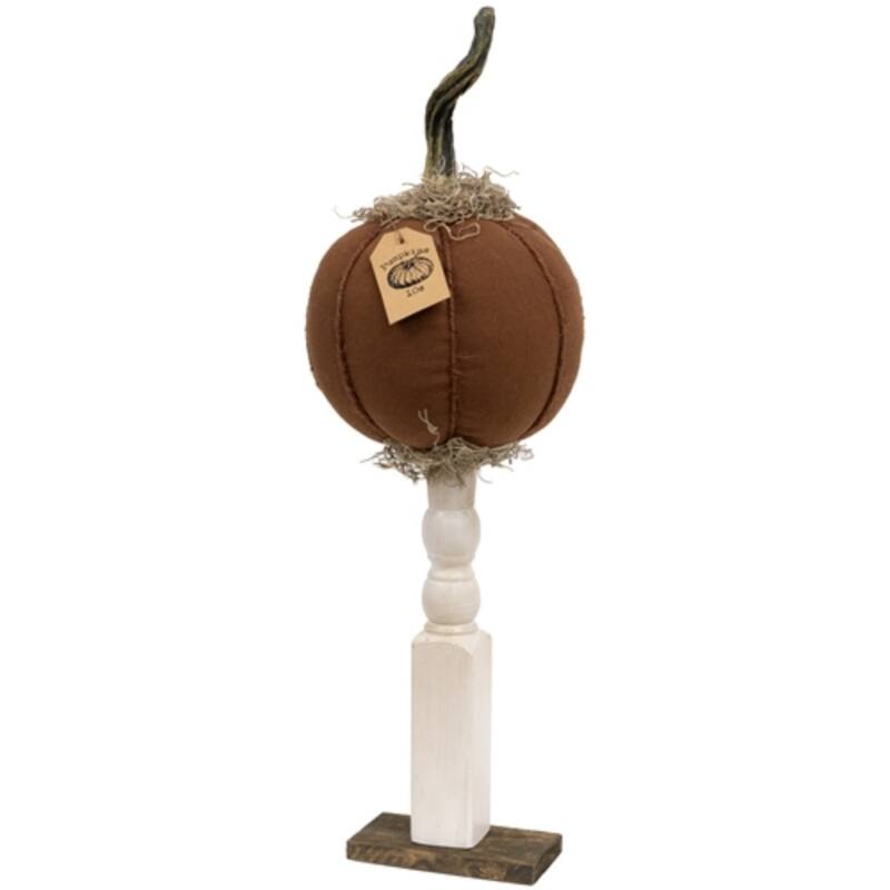 Rustic Autumn Pumpkin Decor on Wooden Pedestal with Plush Orange Pumpkin and Moss Accents - White, Dark Orange - 19.5"H