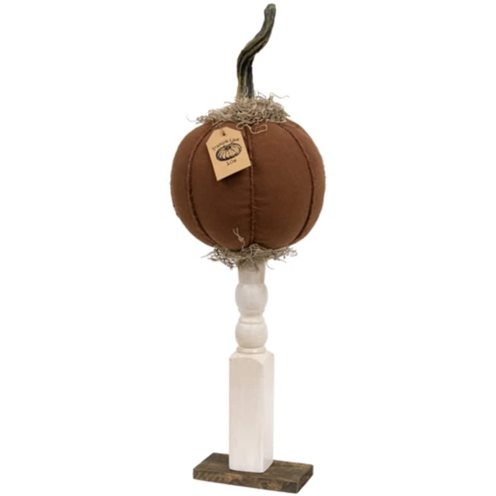 Rustic Autumn Pumpkin Decor on Wooden Pedestal with Plush Orange Pumpkin and Moss Accents - White, Dark Orange