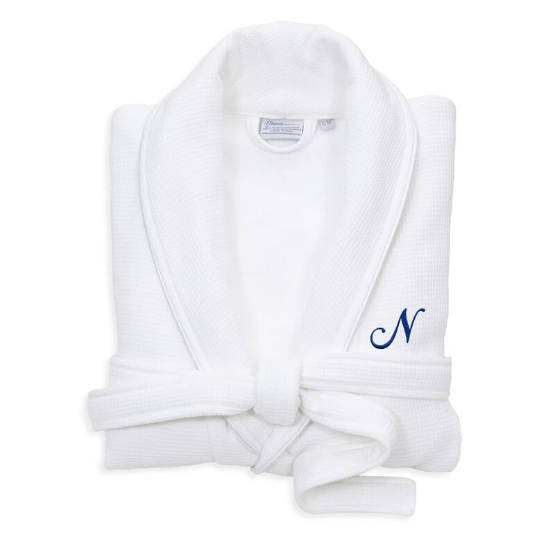 Authentic Hotel and Spa White Unisex Turkish Cotton Waffle Weave Terry Bath Robe with Navy Script Monogram - S/M - N