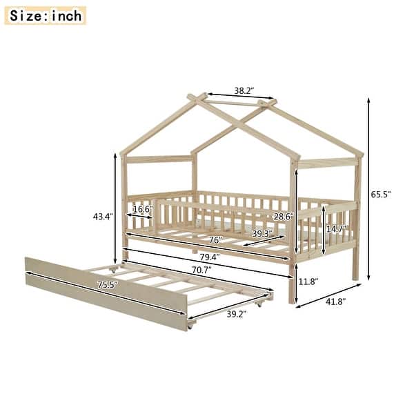 dimension image slide 2 of 3, Twin Size House Bed with Trundle, Wooden Playhouse Kids Bed Frame with Roof and Fence, Montessori Style Bed