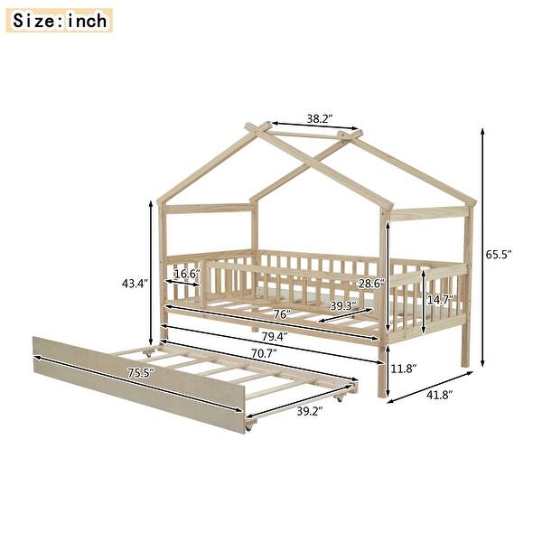 dimension image slide 5 of 8, Wooden House Platform Bed with Trundle for Girls & Boys Bedroom