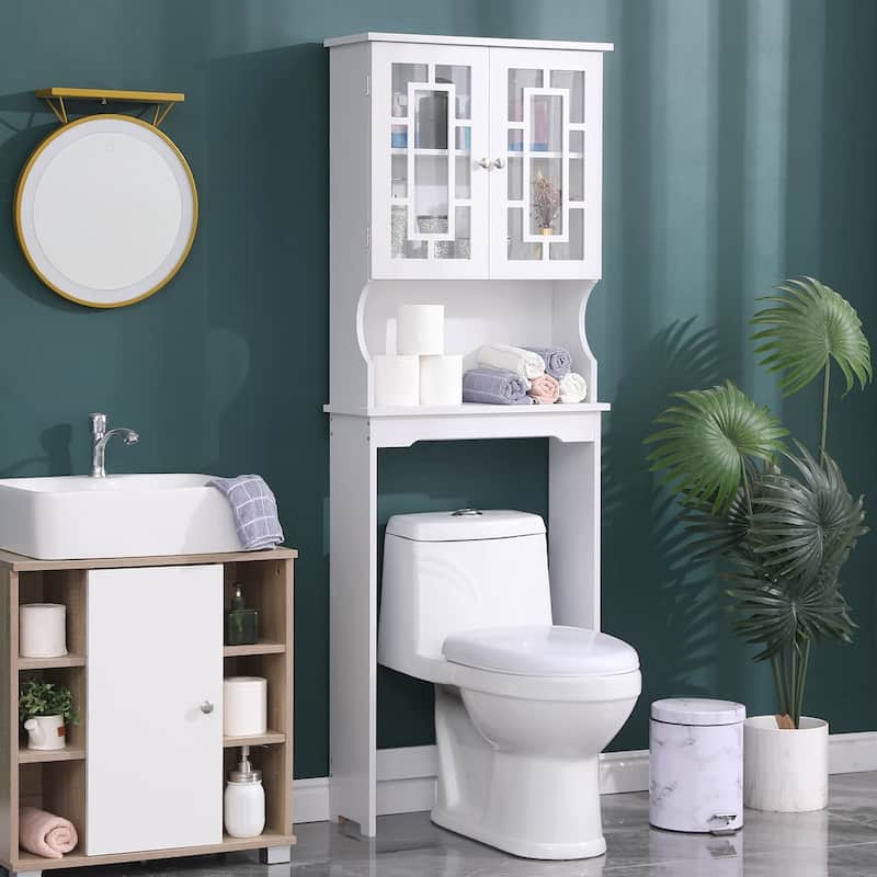 EROMMY Over-The-Toilet Storage, Wooden Bathroom Organizer, with 2 Glass Doors & Adjustable Shelf for Bathroom