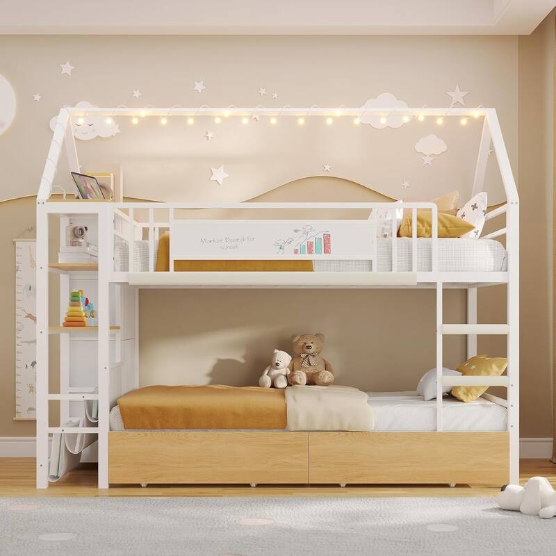 House Low Loft Bed Twin Size Storage Drawers Bookcase LED Lights