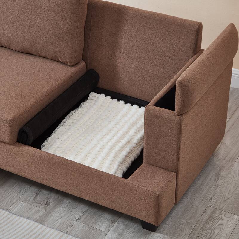 L Shaped 3 Seats Sofa with Armrest Organizer, Linen Sectional Sofa with Movable Ottoman, Comfy Upholstered 3 Seater Couch,