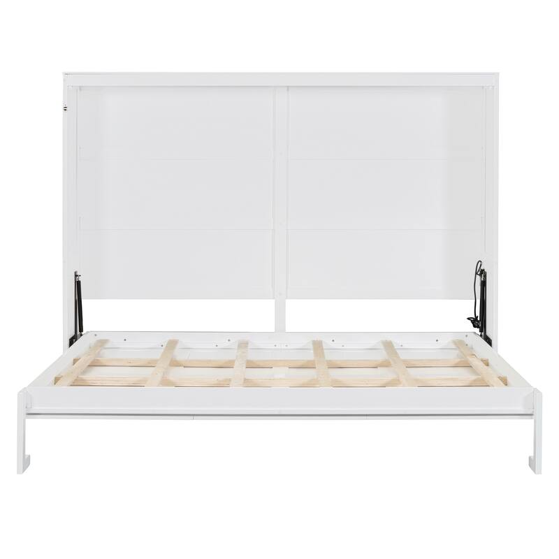 Queen Size Foldable Wall Bed with Mattress Support, Space-Saving Design, White/Gray