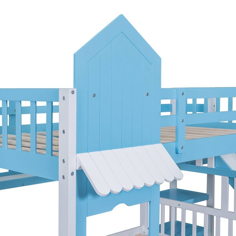 Full-Over-Full Castle Style Bunk Bed with 2 Drawers 3 Shelves and Slide