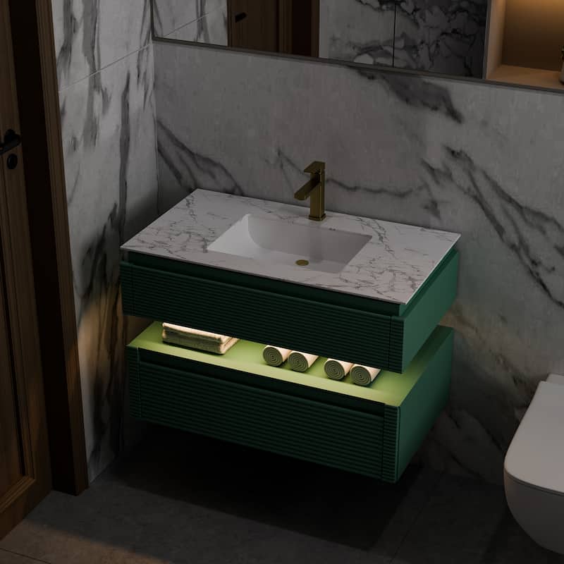 Modland 36" Modern Wall-Mounted Bathroom Vanity with Engineered Stone Countertop & Ceramic Undermount Sink