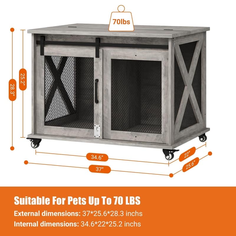 Large Wooden Dog Crate Kennel Furniture Side End Table with Flip Top and Movable Divider