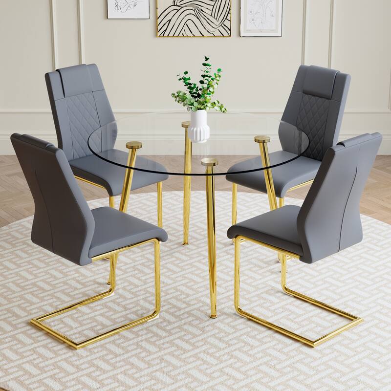 Modern Style Dining Set with Round Transparent Tempered Glass Table and PU High Back Dining Chairs