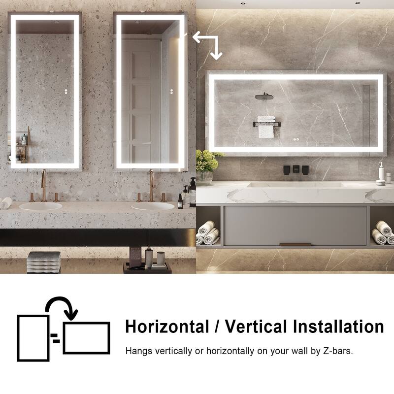 28'' H x 60'' W LED Bathroom Frameless Mirror Anti-Fog With Touch Switch Memory(Horizontal/Vertical) - Silver