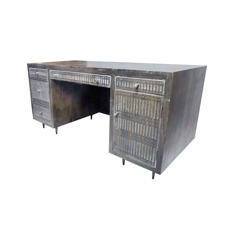 HomeRoots 64" Brown and Silver Solid Wood Executive Desk With Five Drawers