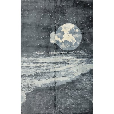 Hand Knotted Oriental Viscose Silk Carpet Modern Pictorial Greys & Charcoal Abstract Area Rug - 7' 8'' X 5' 6''