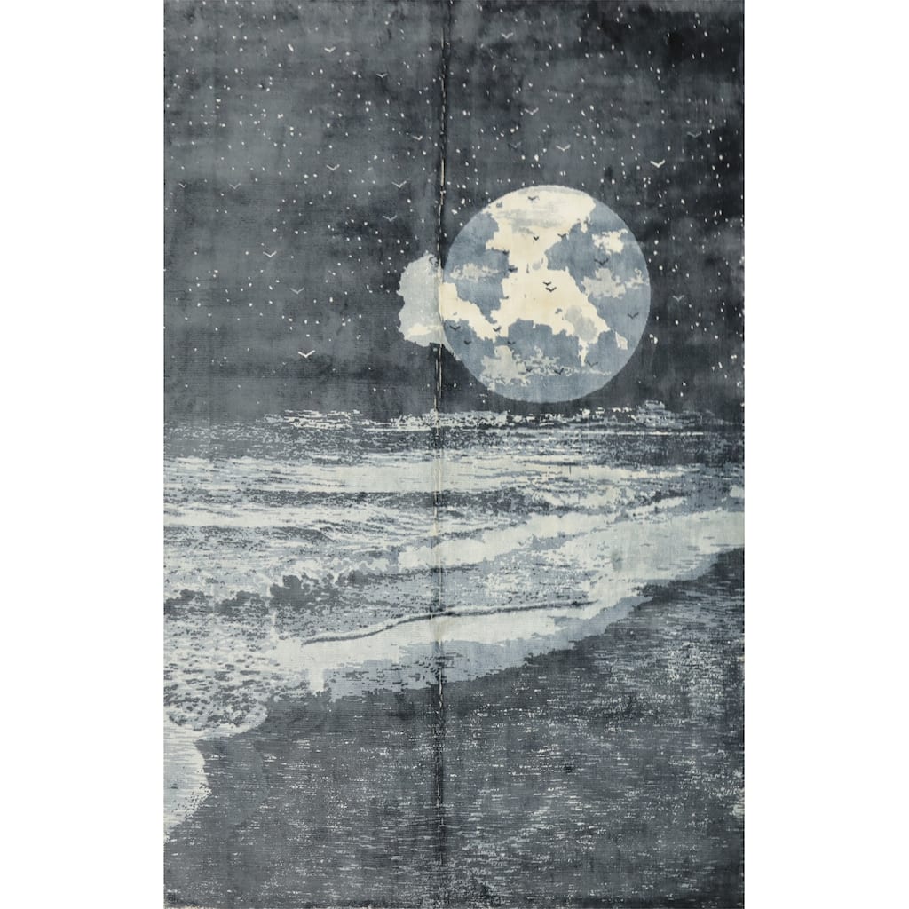 Hand Knotted Oriental Viscose Silk Carpet Modern Pictorial Greys & Charcoal Abstract Area Rug - 7' 8'' X 5' 6''
