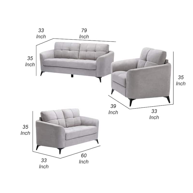 Odin 3 Piece Sofa, Loveseat, Chair Set, Tufted Cushions, Light Gray Velvet