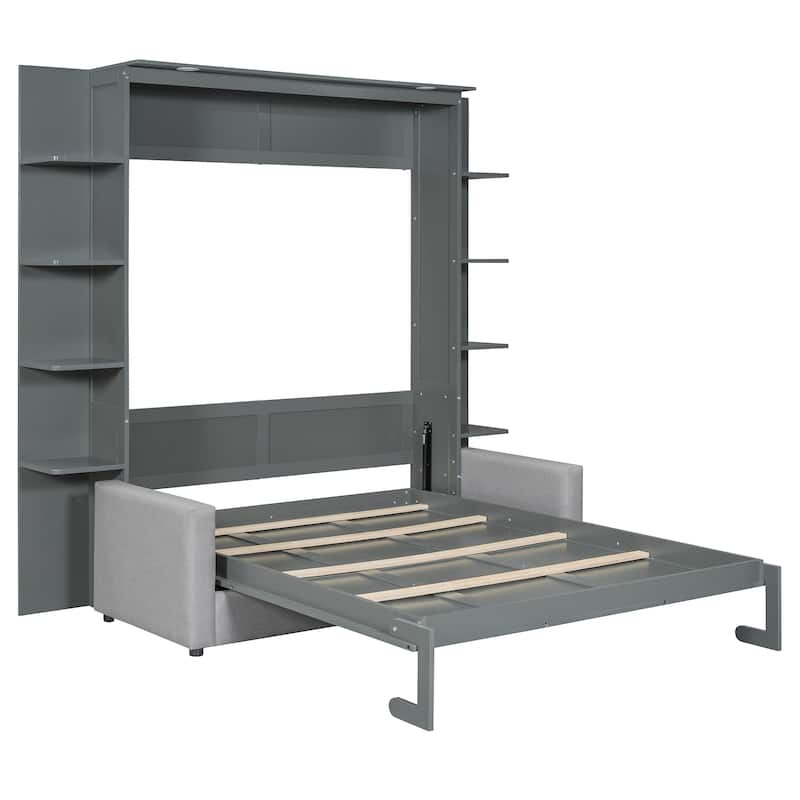 Queen Size Murphy Bed Wall Bed with Sofa,Gray