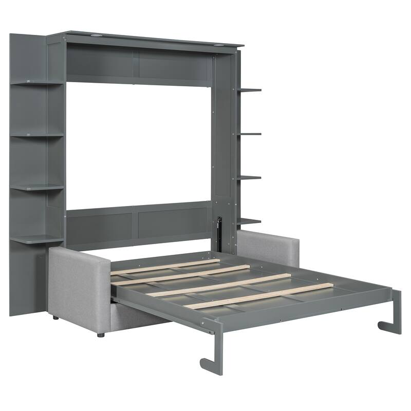 Space-Saving Queen Size Murphy Wall Bed with Sofa and Storage Shelves, LED Lights, and Foldable Cushions