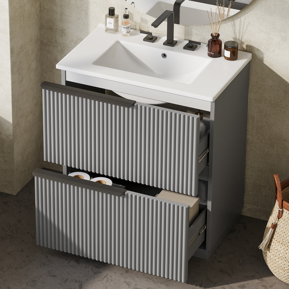 Fluted Bathroom Vanity with Ceramic Sink, Freestanding Vanities Set, Bathroom Storage Cabinet with Full-Extension Drawers