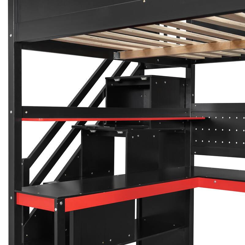Gaming Loft Bed with Recessed Table Cabinet Pegboard Storage Stairs