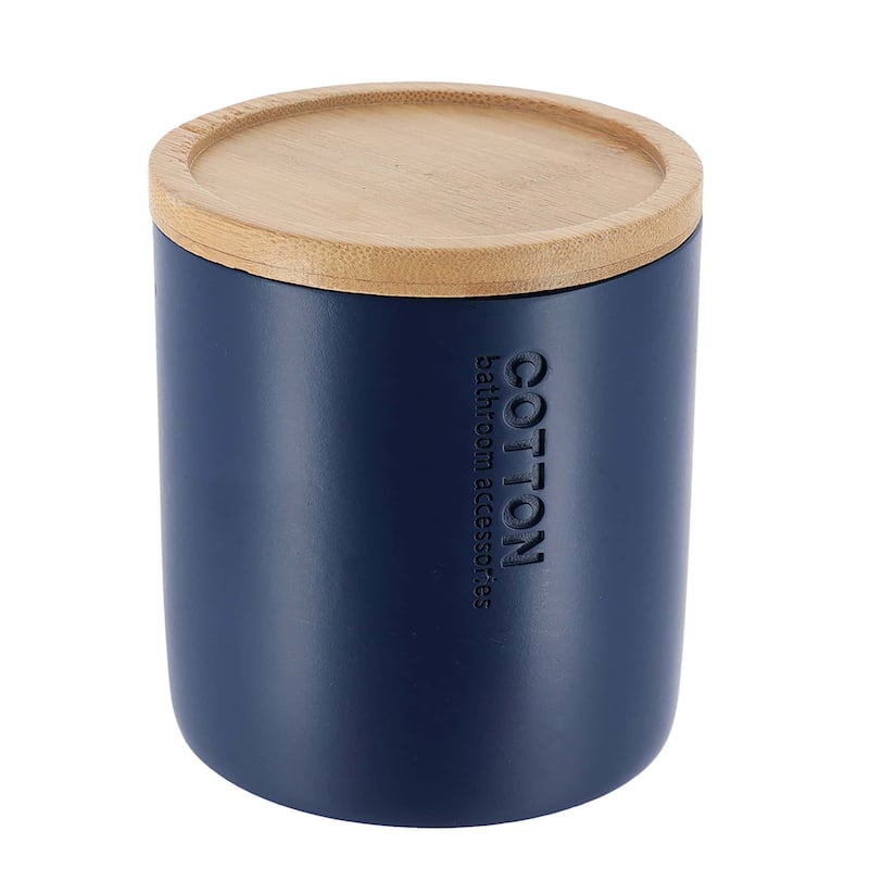 Sleek Cotton Pad Holder - Polyresin Bathroom Storage Container with Bamboo Lid - 4 L x 4 W x 4.6H