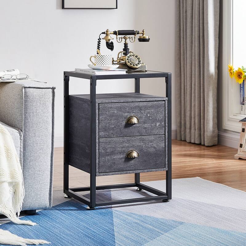 Javlergo Tempered Glass Top Nightstand with 2-Drawer and Open Shelf