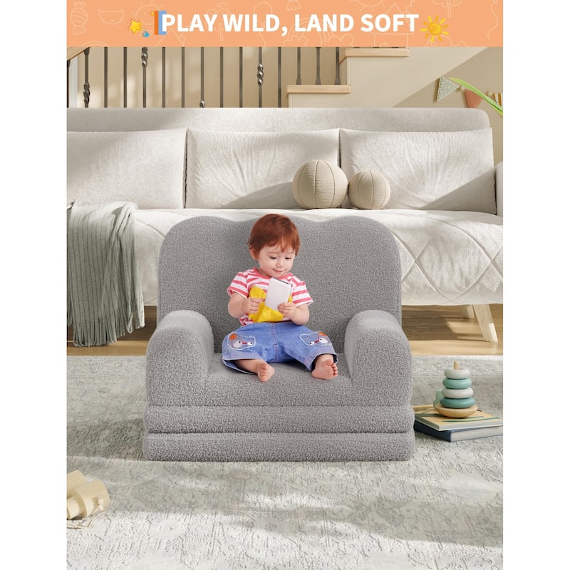 Kids Couch, 2-in-1 Convertible Teddy Fleece Fabric Toddler Sofa Chair
