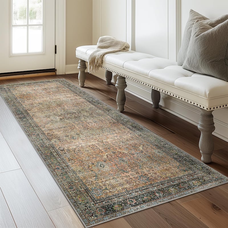 Mcow Grace Muted Floral Low Pile Non-Slip Machine Washable Area Rug - 2' x 5' - Sage Green - Runner