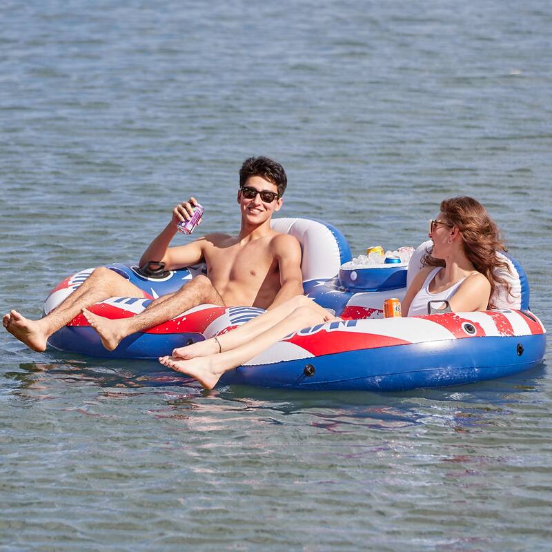 Intex Inflatable American Flag Double Tube Pool Float with Cooler & Cup Holders - 7