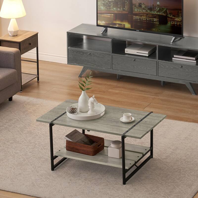 2-Tier Modern Industrial 41'' Large Wood Coffee Table with Storage Shelf