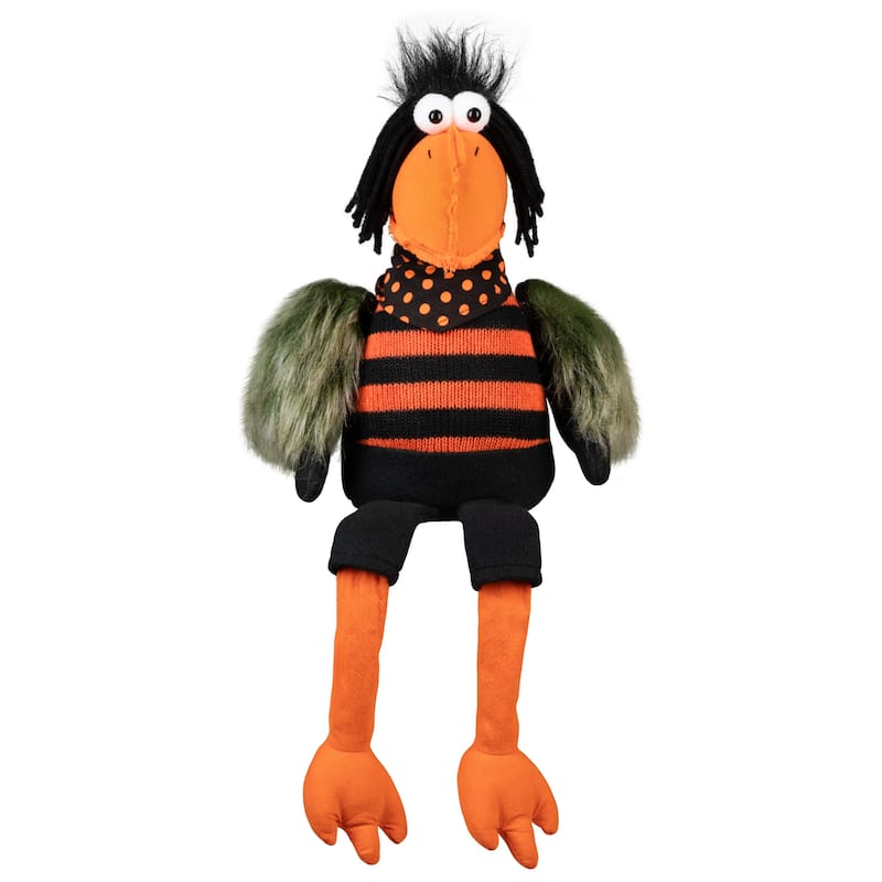 Plush Sitting Crow Halloween Decoration with Dangling Legs - 17"