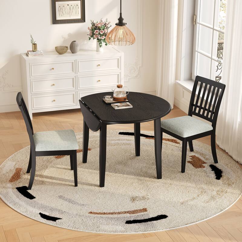 3-Piece Round Dining Table Set for 2 People, 1 Folding Wood Dining Table + 2 Upholstered Chairs, for Small Apartments - Black